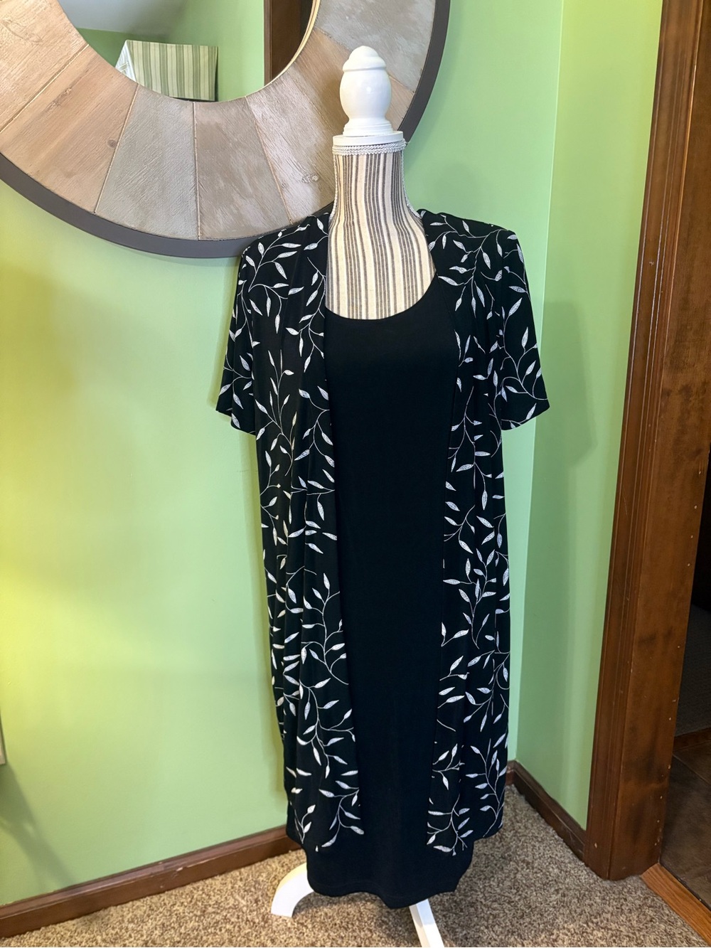 Black Midi Dress with Leaf-Print Overlay Look, 1 piece, Size 14